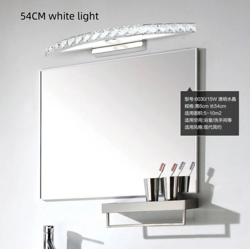 LED bathroom wall lamp with crystal mirror headlight, stainless steel hardware, available in 44cm 54cm or 70cm arc length