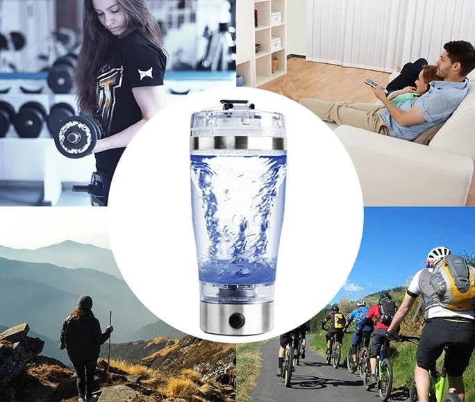 Electric protein shake stirrer with USB rechargeable base, 450ml clear cup, and 304 stainless steel bottleneck ring