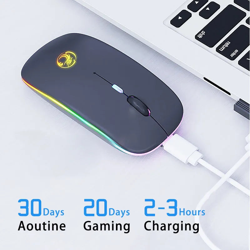 Black and white rechargeable dual-mode wireless mouse with silent buttons on a desk.