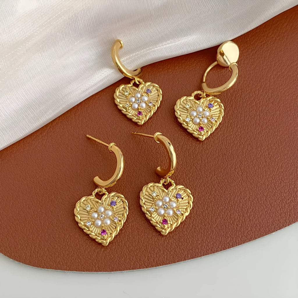 Pearl C-shaped heart earrings for women, copper electroplated, ear clips or studs, light luxury style