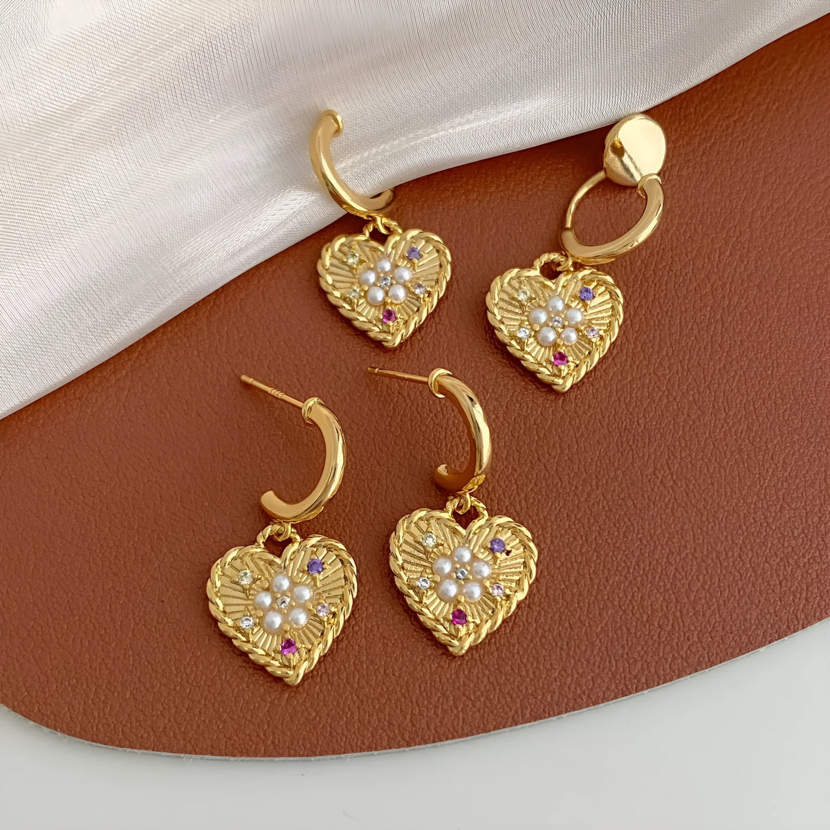 Pearl C-shaped heart earrings for women, copper electroplated, ear clips or studs, light luxury style