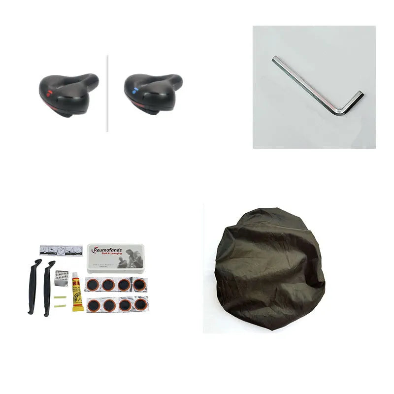 Bicycle saddle cushion with soft silicone padding and waterproof cover, includes wrench and tyre repair kit