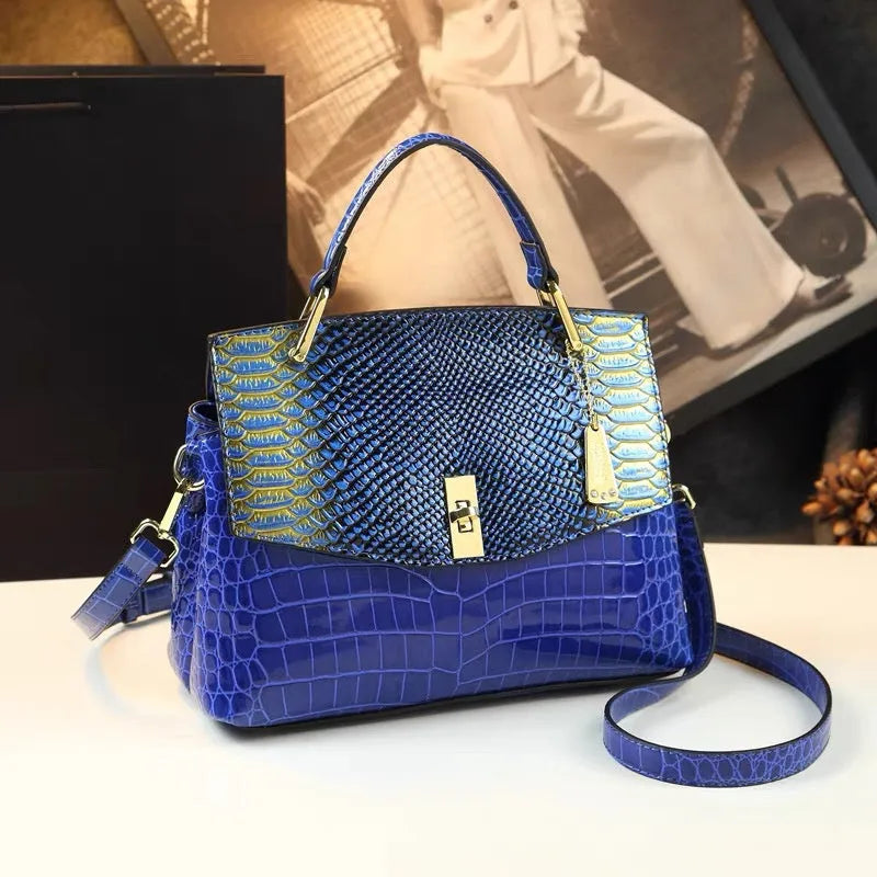 Women's crocodile and snake pattern crossbody handbag in horizontal square shape with double shoulder straps