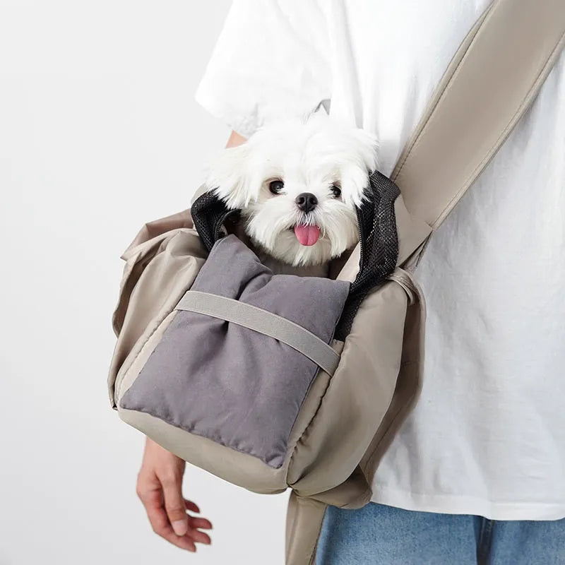 Apricot cloth pet carrier handbag with breathable fabric and carrying straps