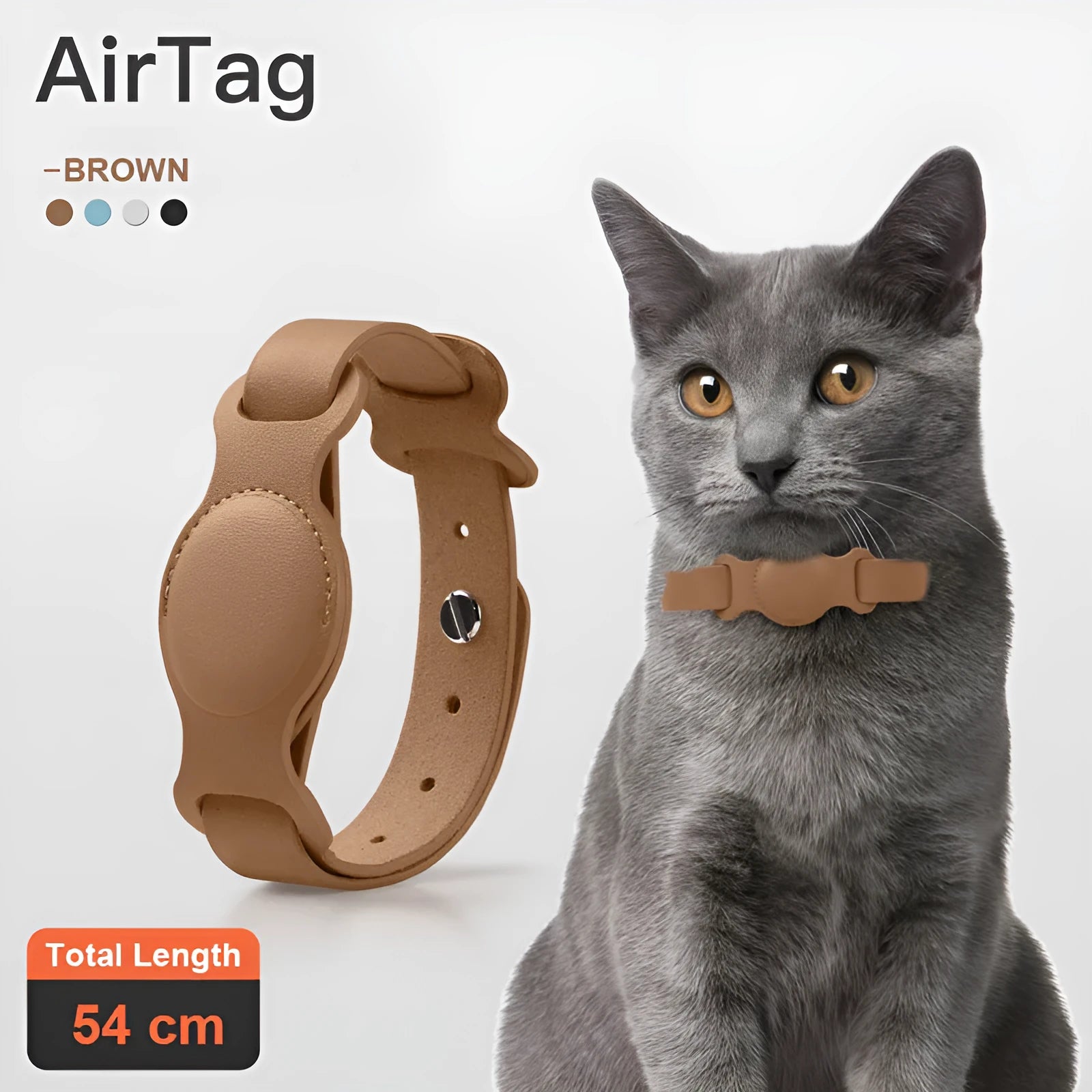 Leather pet collar AirTag holder in misty blue, adjustable 40cm, with silicone lining for anti-scratch protection