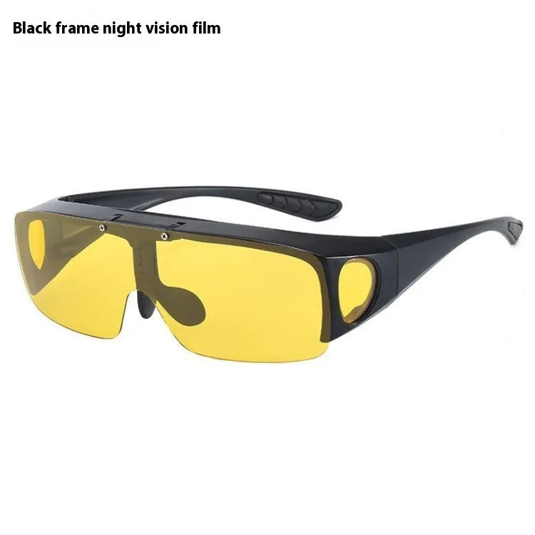 Polarised sports sunglasses with a one-piece lens for myopia, shown in black/grey and dark green colour options.