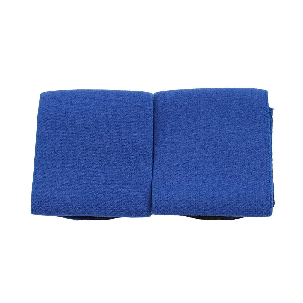 Football shin guard magic tape belt in red, blue, black, or white colours showing rubber strap measuring 25x6.5cm