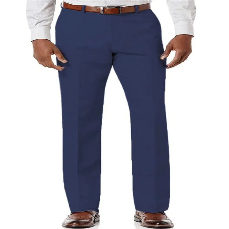 Men's beige white linen-cotton blend casual trousers with slant pockets, laid flat.