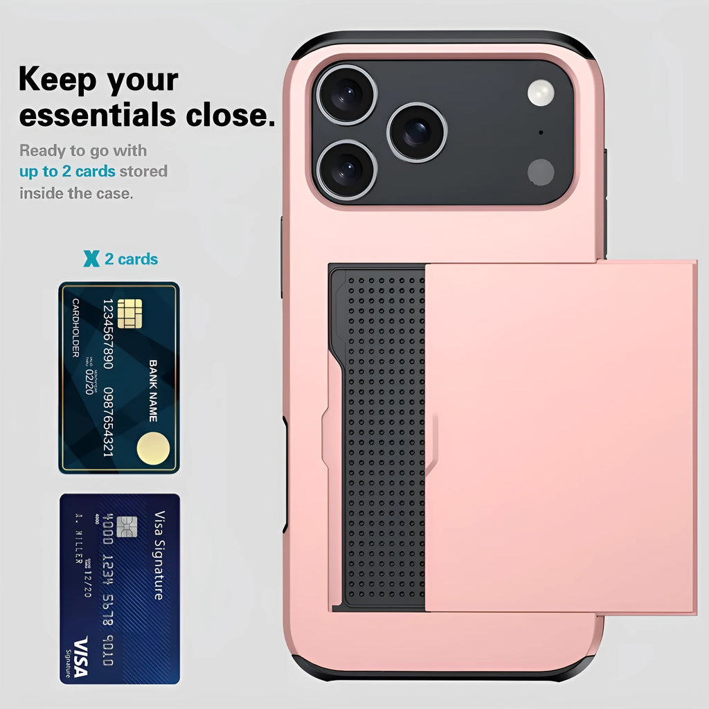 iPhone case with a sliding card cover open, shown in Army Green colour on a table.