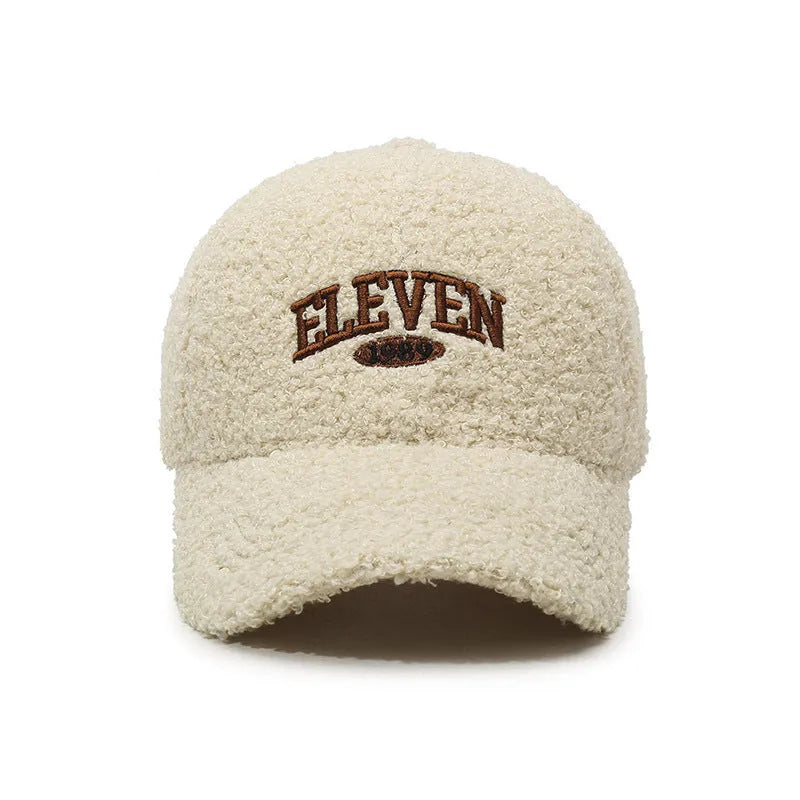 Adjustable winter baseball cap in polyester lambskin fabric showing dome crown style