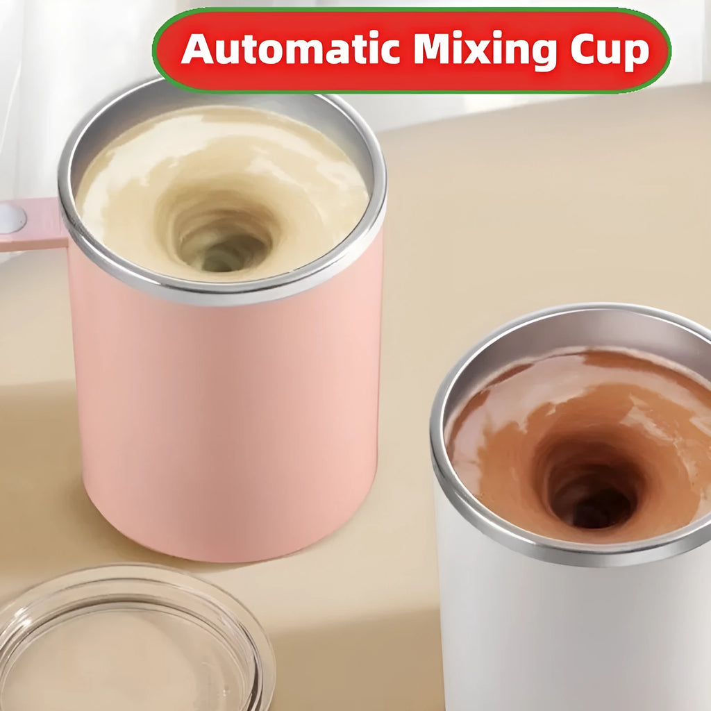 White automatic stirring coffee cup with magnetic base and 360ml capacity