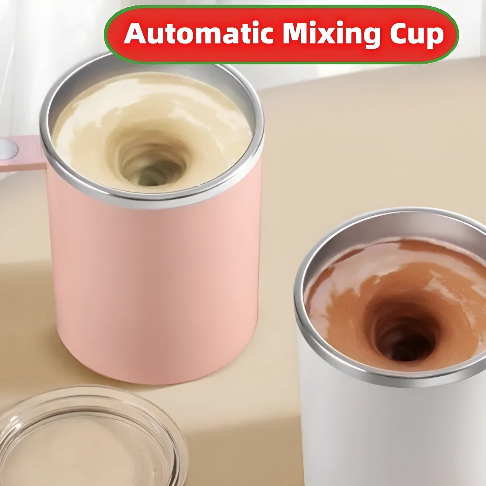 White automatic stirring coffee cup with magnetic base and 360ml capacity