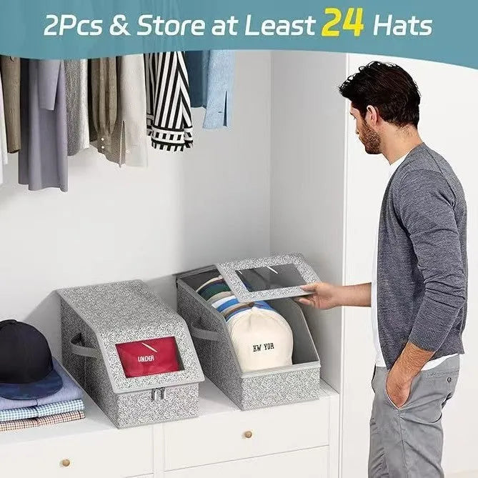 Grey foldable and stackable woven fabric storage box with lid for organisation.