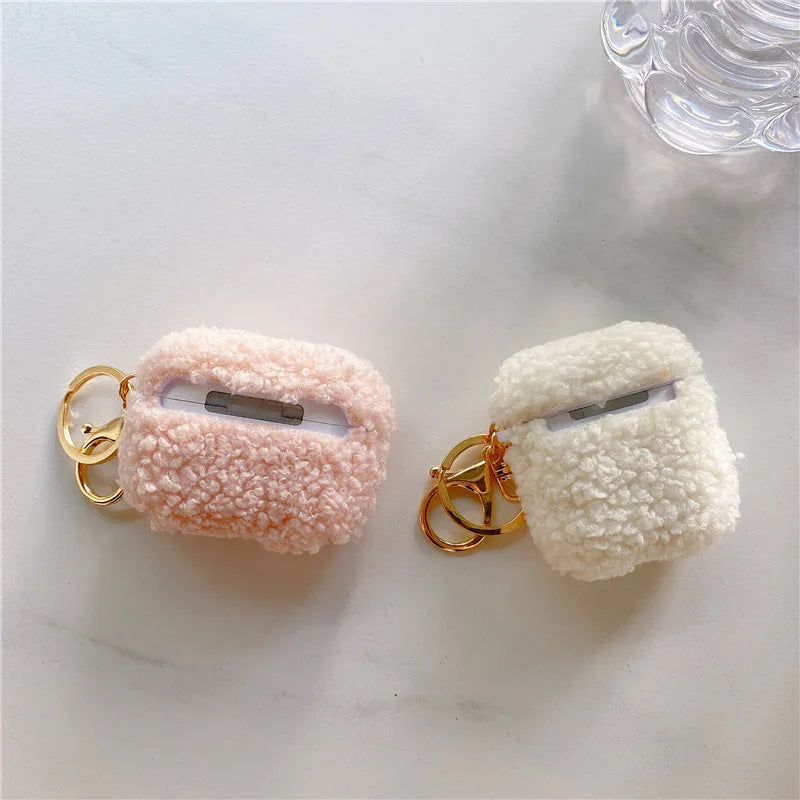 Beige plush pig flannel protective cover with bracelet for AirPods case, cartoon animal design
