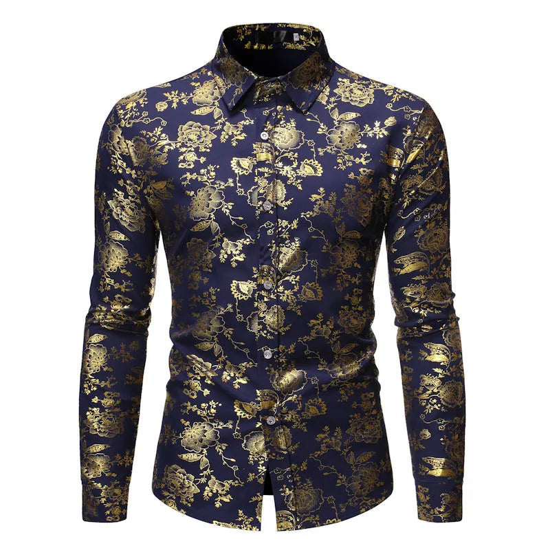 Men's casual cardigan-style shirt with metal bronzing digital print on the lapel, made from elastic polyester fabric.