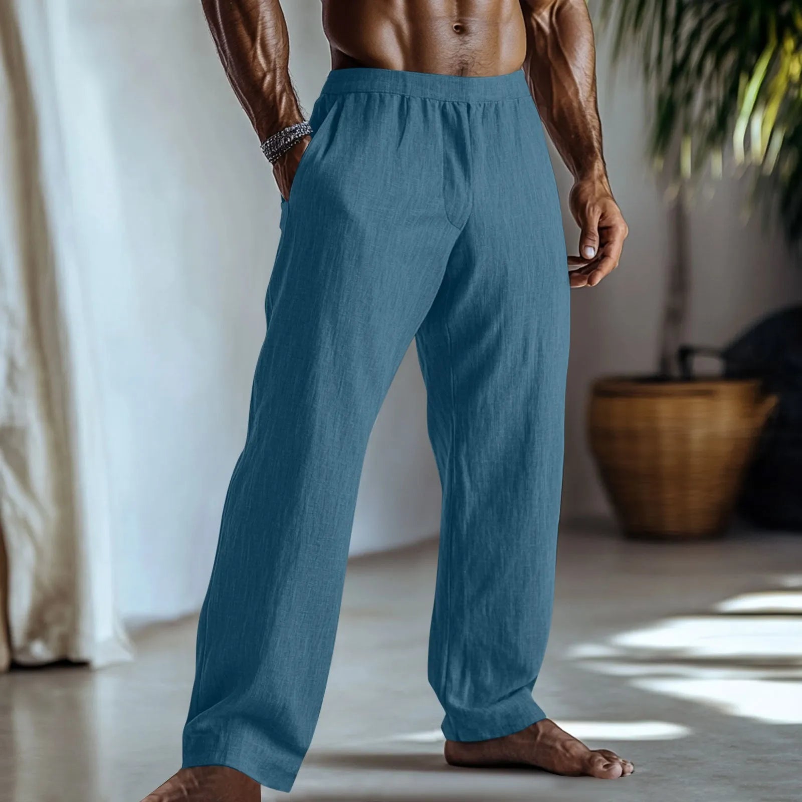 Cotton and linen straight-leg casual trousers in British style with straight leg openings