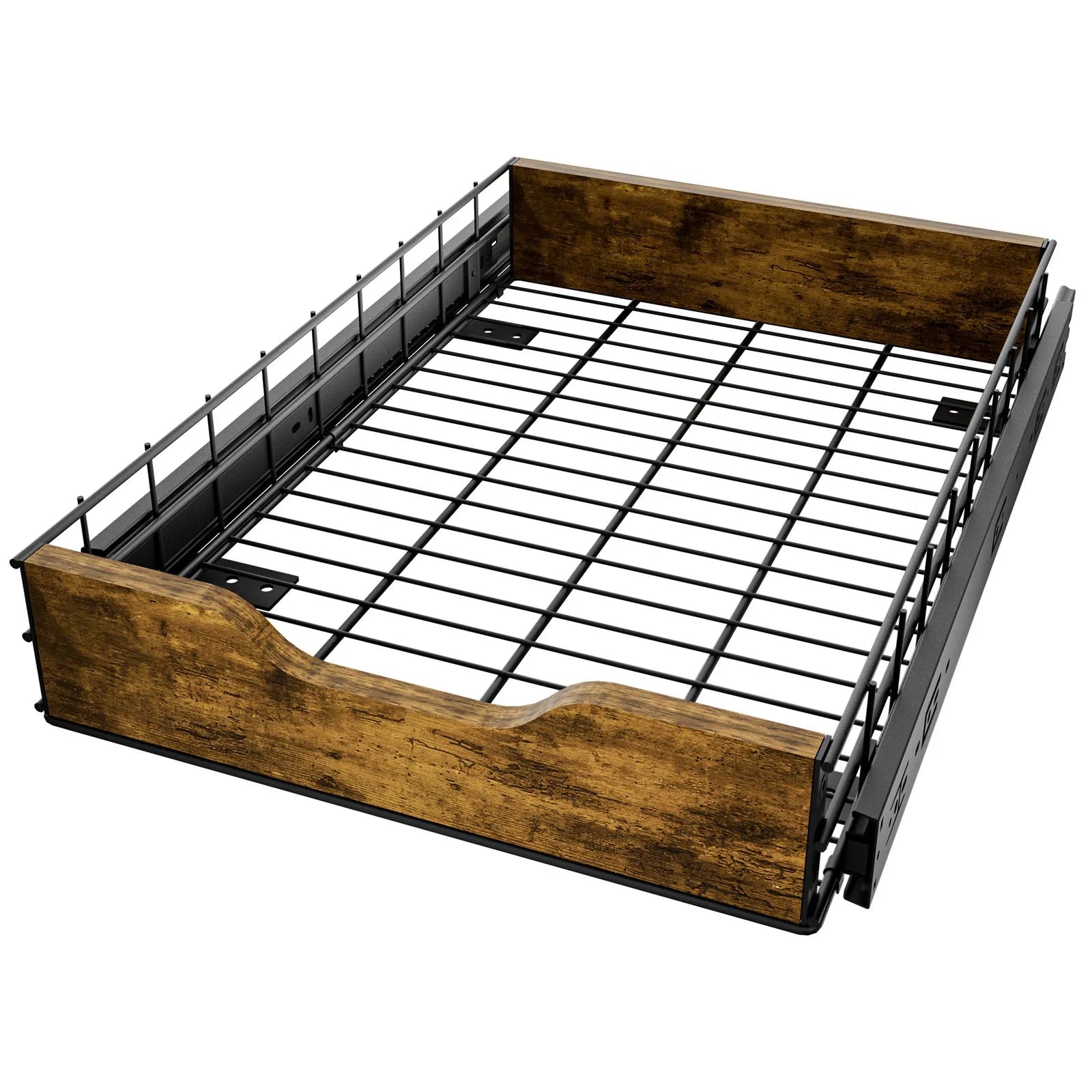 Black iron storage rack with wooden pull baskets for kitchen organisation.