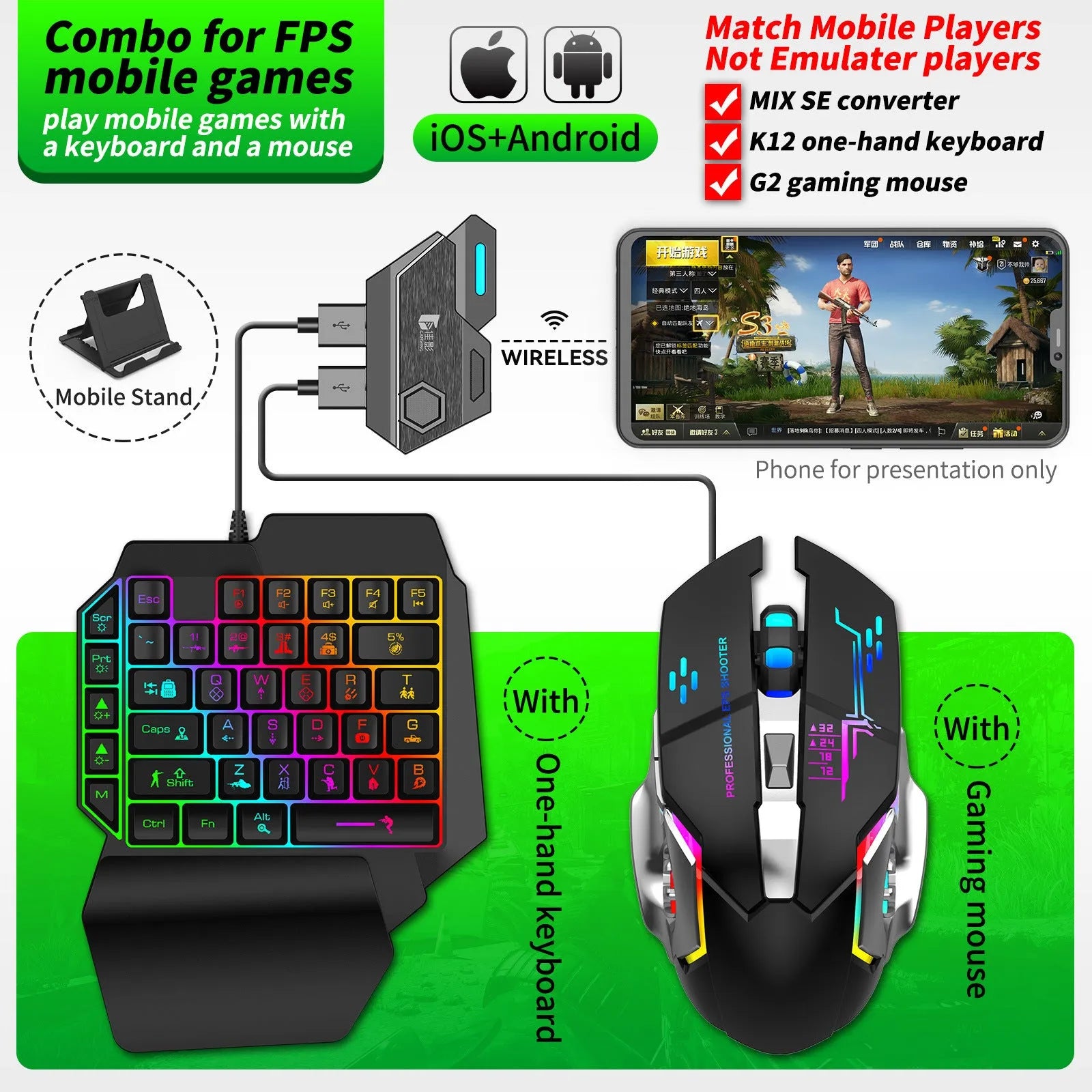 Black gaming converter with USB port for connecting keyboard and mouse to mobile games