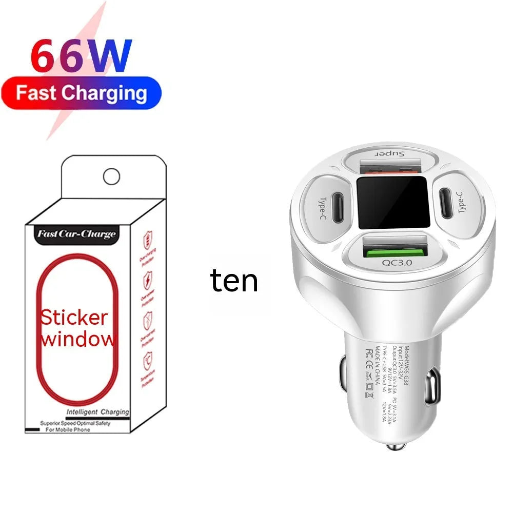 66W black digital display car charger with two USB and two Type-C ports for fast charging