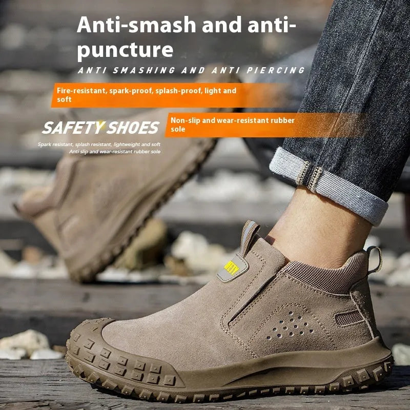 Mid-calf welding safety shoes with steel toe in gray colour, showing suede leather steel cloth upper construction