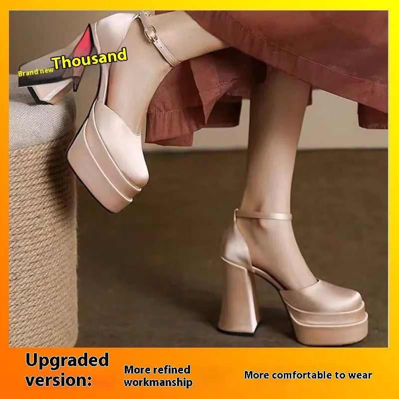 Women's white platform high heels with a chunky heel, round toe, and waterproof PU upper.