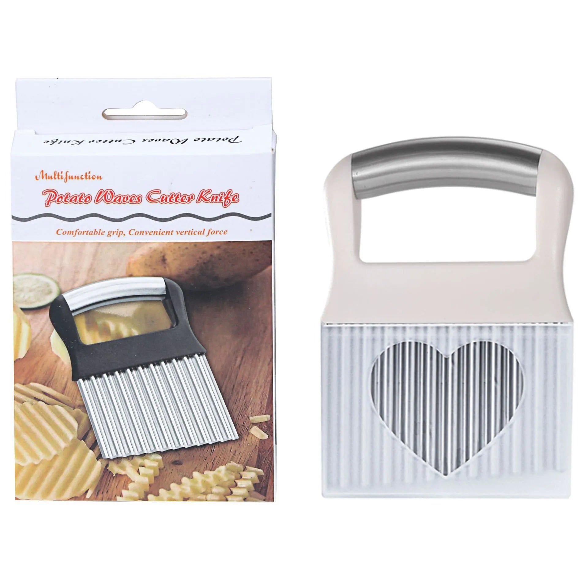 Stainless steel potato wave knife with wavy blade on a kitchen counter.