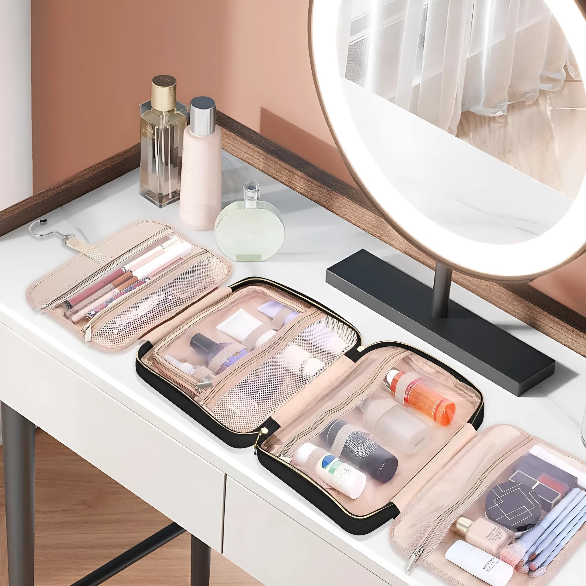 Polyester travel wash bag for cosmetics storage in multiple colour options