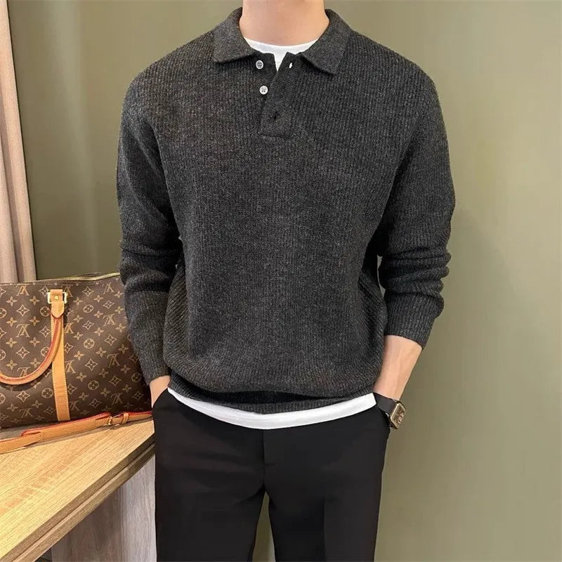 Men's loose fit lapel knitwear sweater in apricot, long sleeves, polyester fibre
