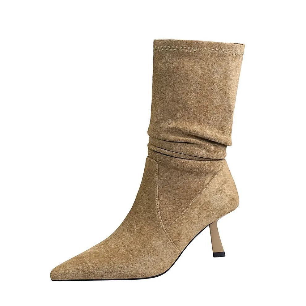 Women's mid-calf pointed toe stiletto boots with elastic pleated pile in solid colour with sewing line detail