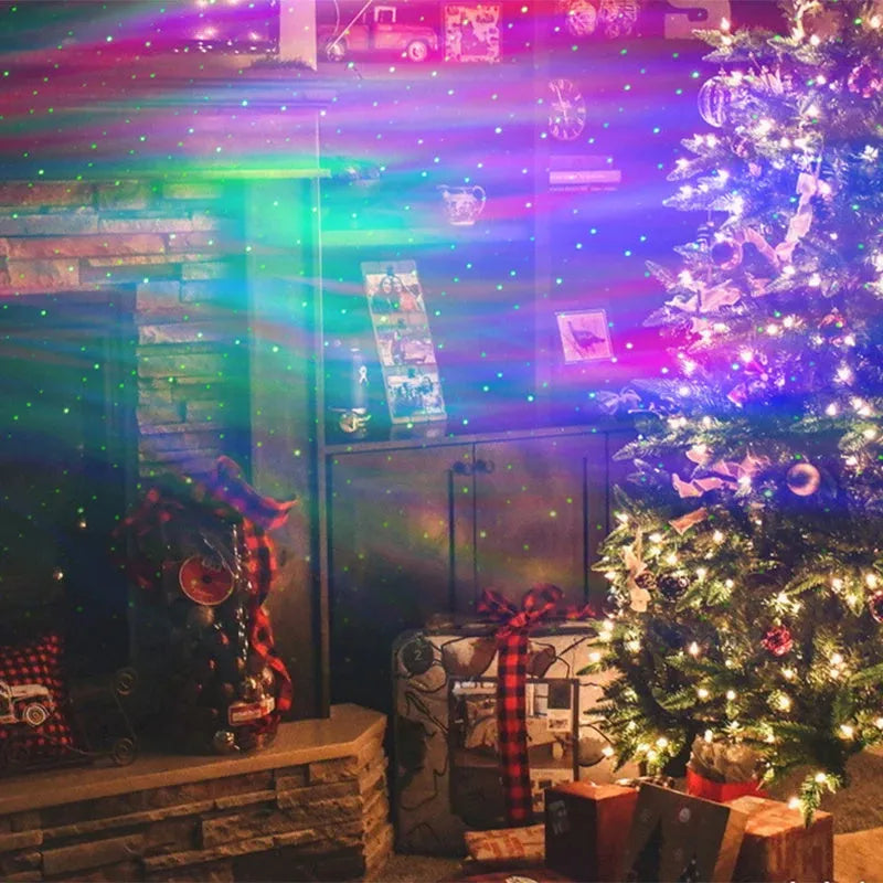 Aurora Borealis star projector lamp with remote control, white ABS body, projecting green stars and Northern Lights