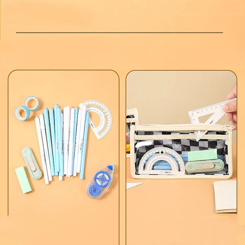 Transparent PVC pencil case with a chessboard grid pattern, showing pens inside.