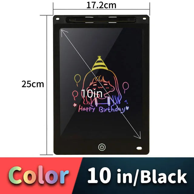 LCD drawing tablet for kids in light blue, showing colourful lines drawn with a plastic stylus.