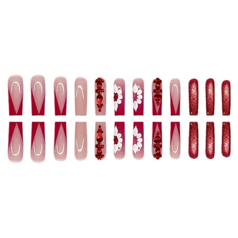 Sweet flowers temperament prismatic red diamond removable fake nails with long European Square shape