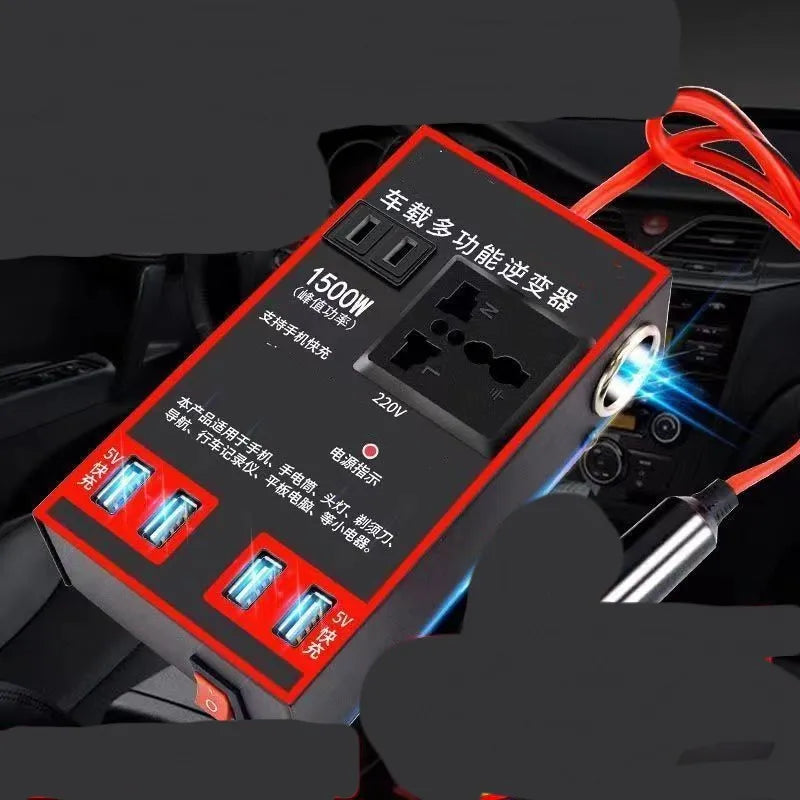 Black automotive 12V 24V to 220V power converter with AC socket and USB charging ports.