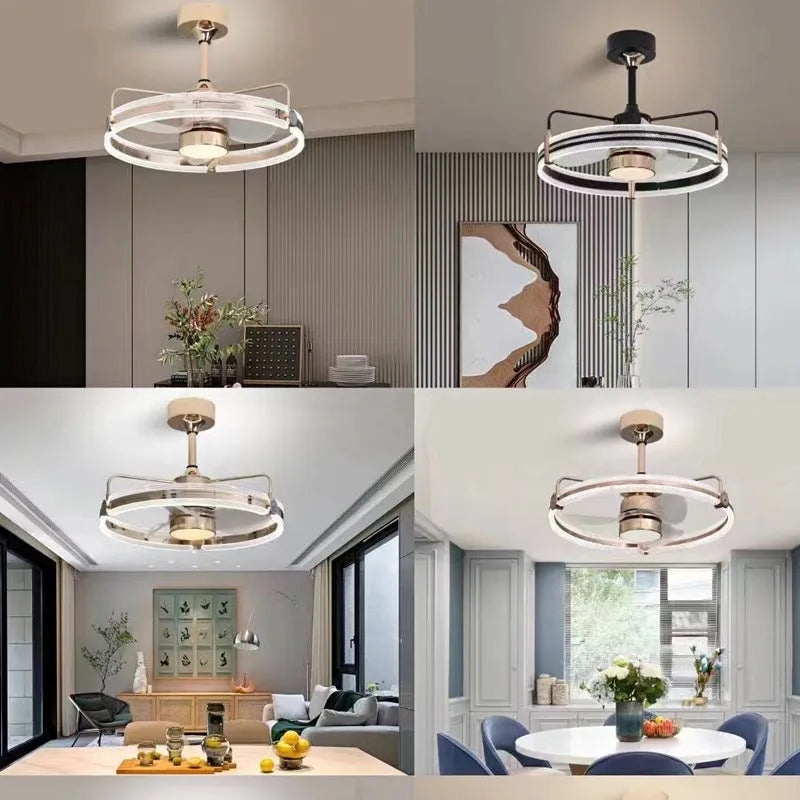 Modern black ceiling fan lamp with acrylic shade and ABS blades, remote control shown.