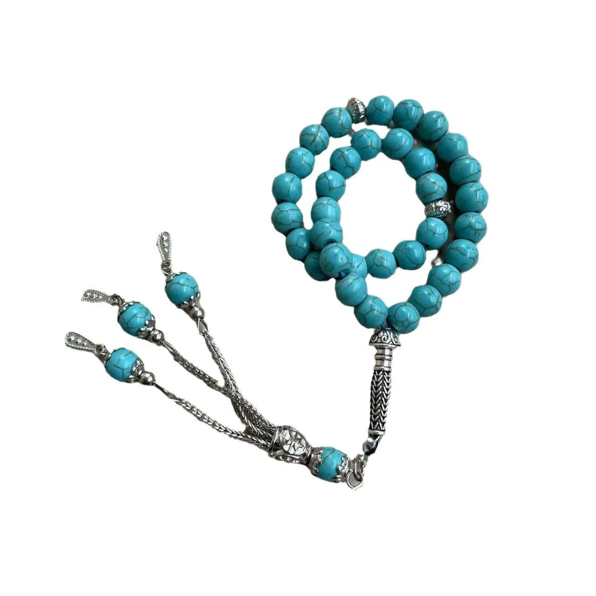 Handmade sky blue stone bead Muslim worship bracelet with 8mm beads on a white background