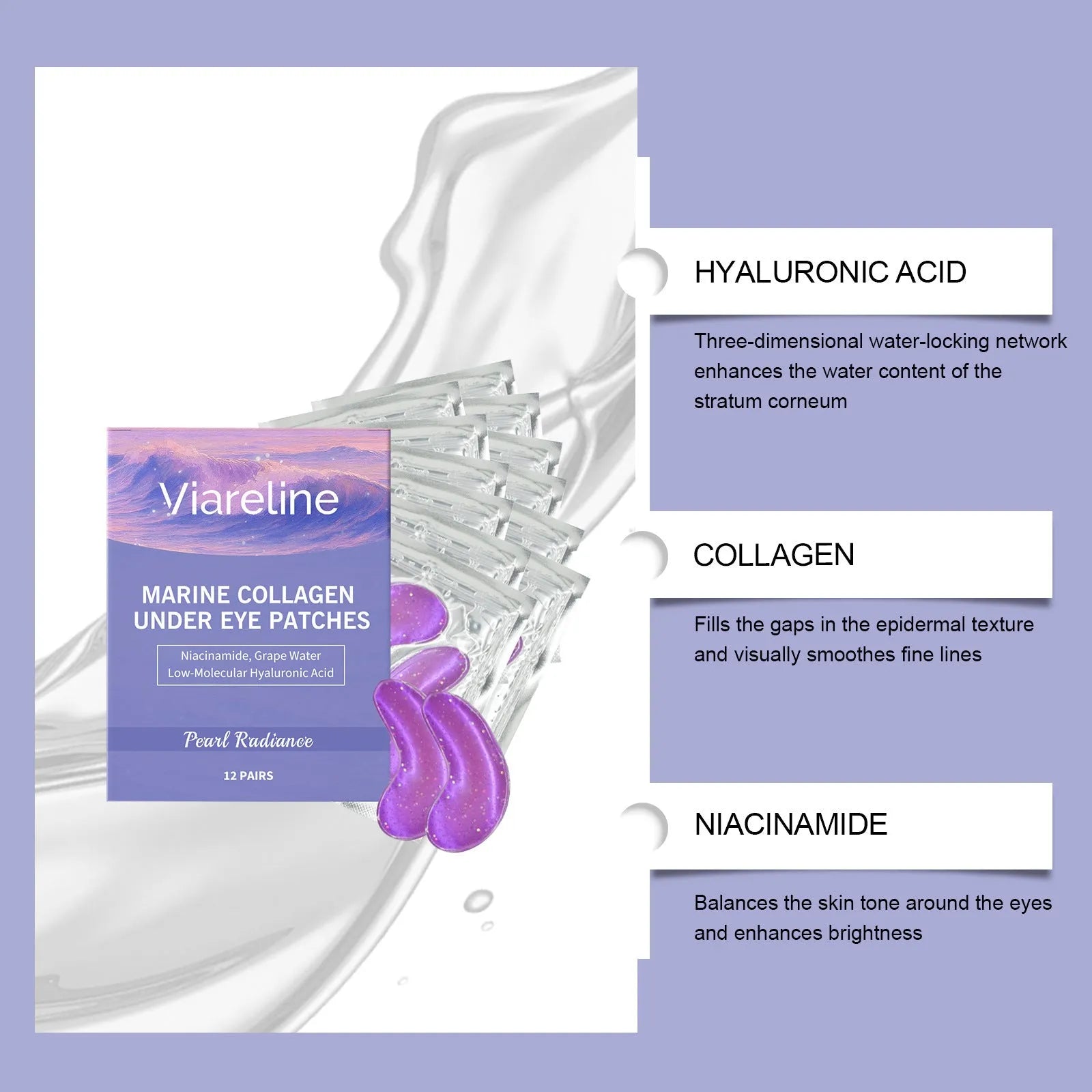 Collagen eye mask pack containing 12 pairs for daily moisturising skincare.