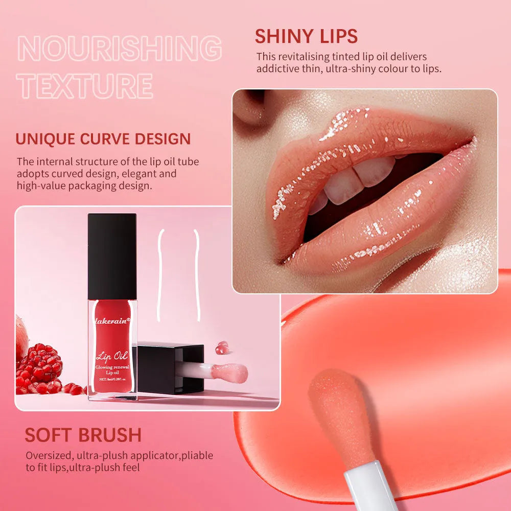 Lip gloss tube in one of seven colours: coral, clear, honey, jam, pink, red, or rose.