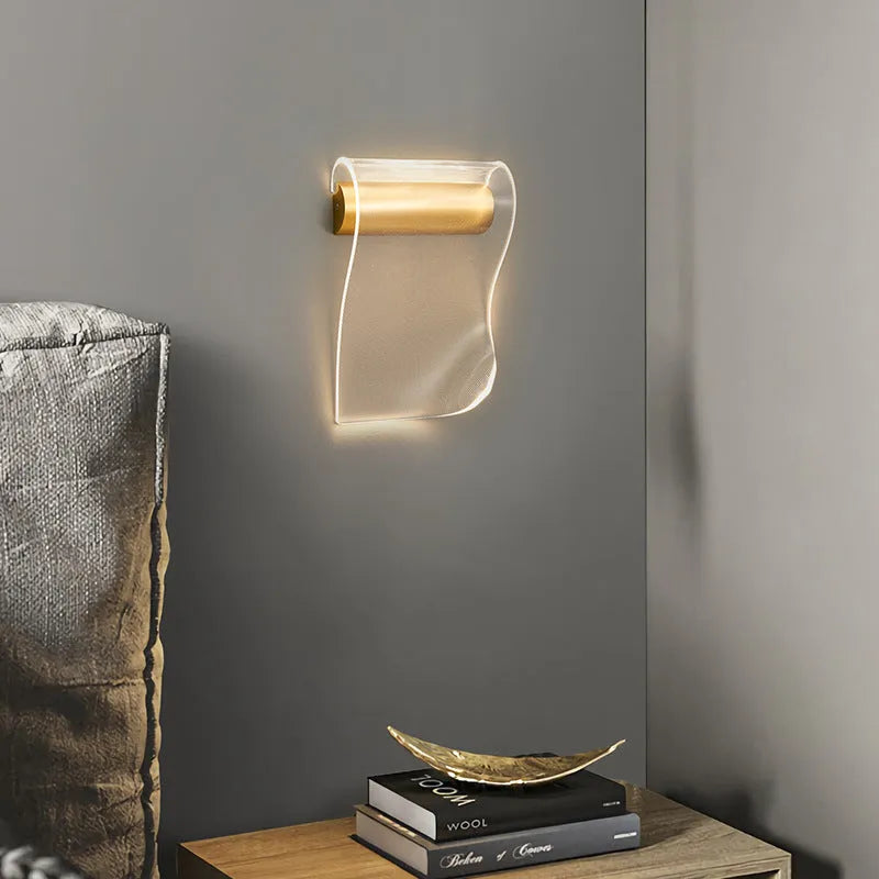 Fashion simple LED wall lamp with acrylic shade and iron material in living room setting