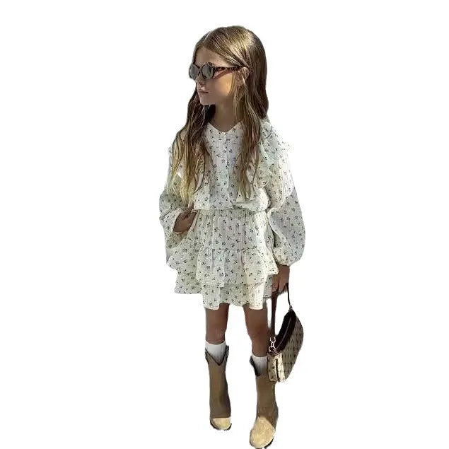 Girls autumn floral lace shirt tiered skirt two-piece cotton set with shorts pullover style