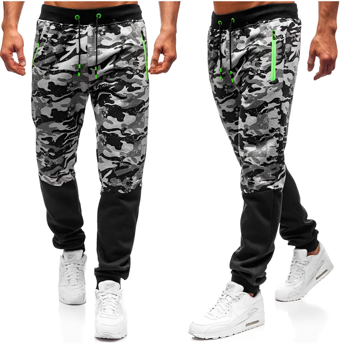 Men's camouflage lace-up trousers in loose fit, mid waist, chiffon fabric, Army Green colour option