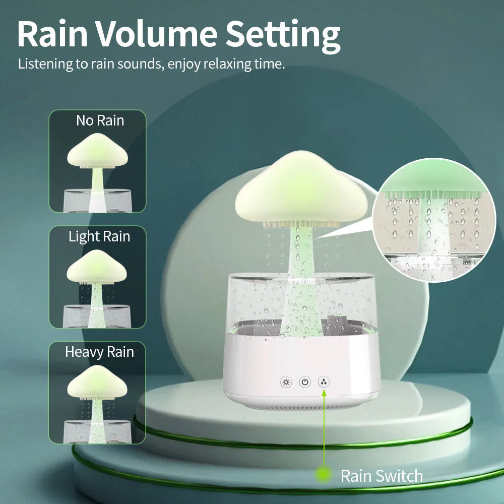 Desk humidifier with raining cloud night light effect and aromatherapy function in wood grain finish