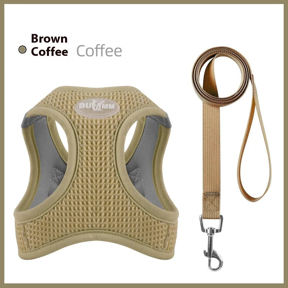 Brown waffle-textured cat harness with chest strap and lead on wooden floor