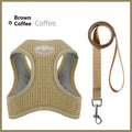 Brown waffle-textured cat harness with chest strap and lead on wooden floor