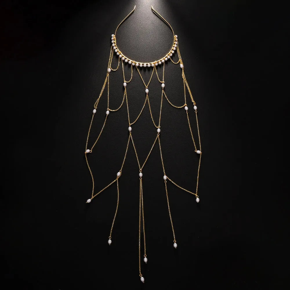Gold and silver electroplated mesh tassel hair chain with pearl design for women