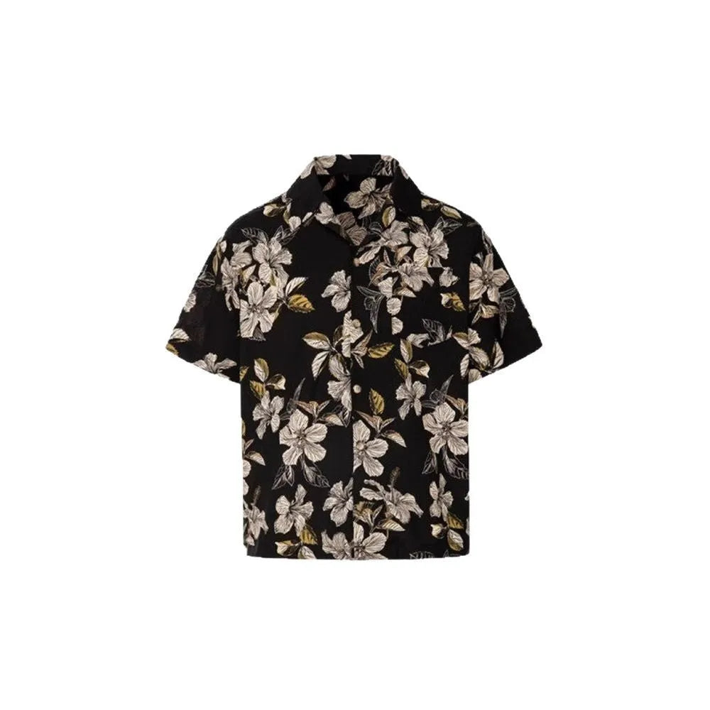 Black floral print men's shirt with a Cuban collar and short sleeves, made from ice silk fabric.