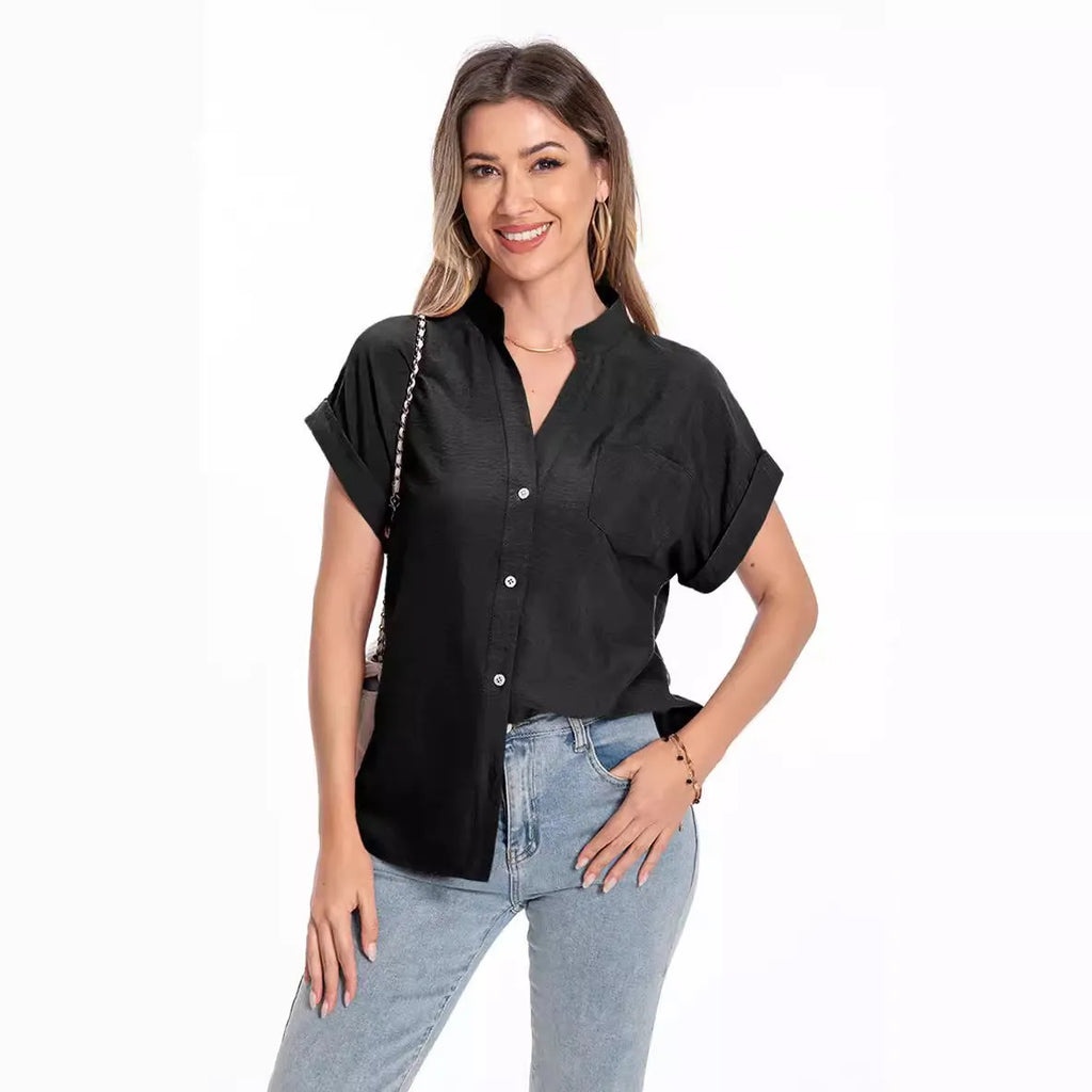 Women's loose-fit stand collar short sleeve summer top in polyester fabric
