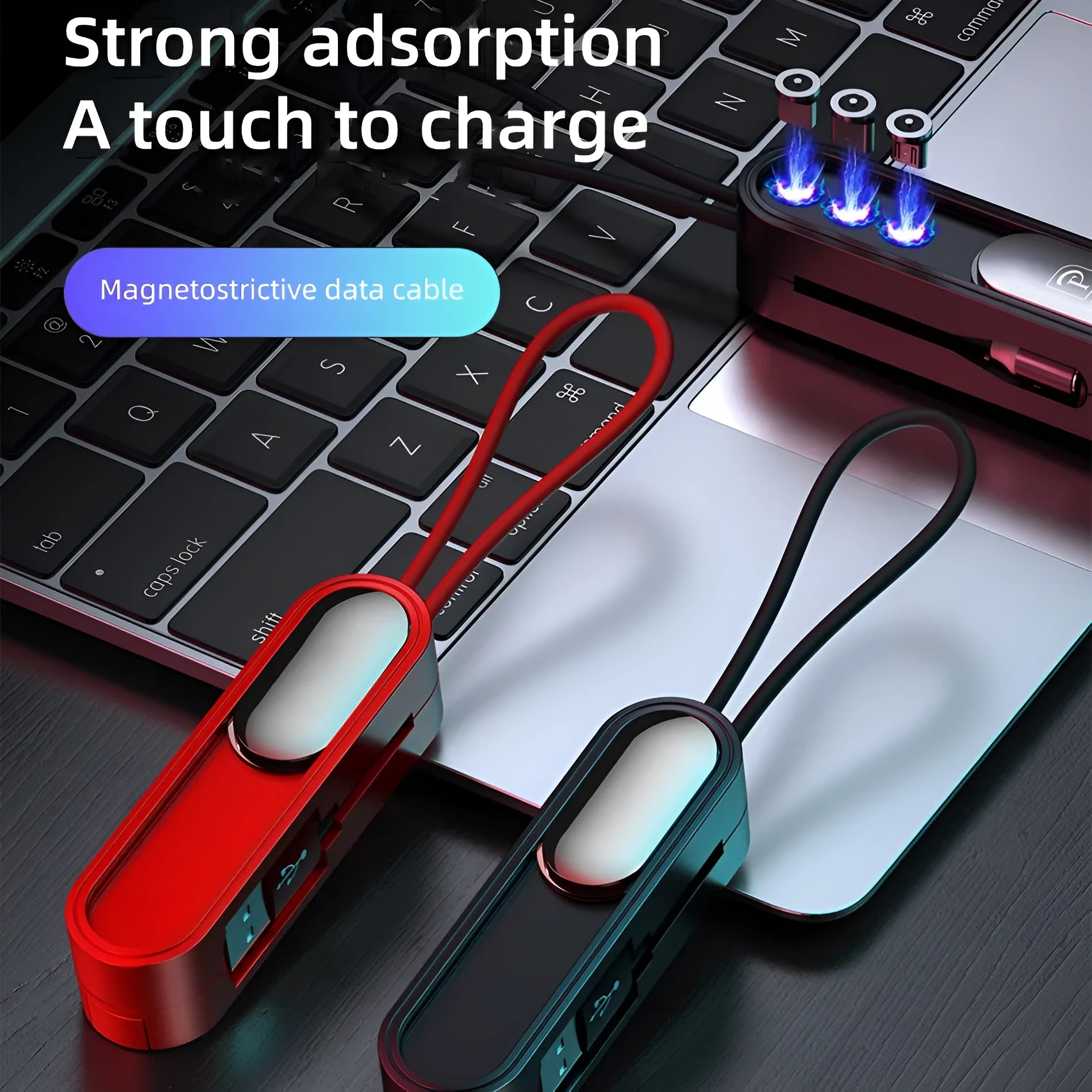 Three-in-one telescopic data cable extended to 0.35m showing Apple, Micro USB and Type-C connectors