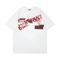 Letter affixed cloth embroidered printed short sleeve men's cotton t-shirt in black front view