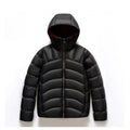 Unisex hooded down jacket in solid colour with ribbed cuffs and hood, front view